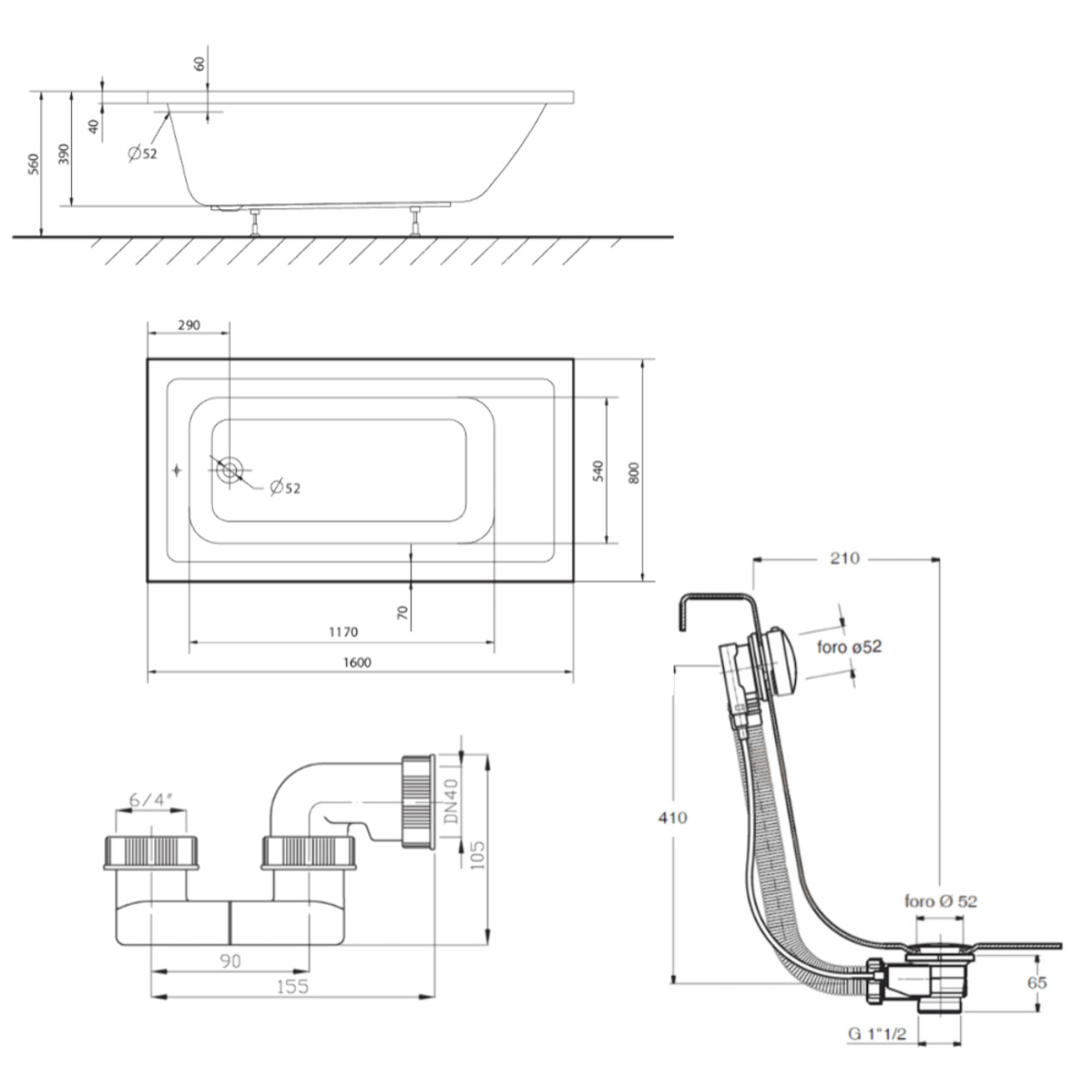 Aurum 160x80 cm baignoire rectangulaire en acrylique, gauche et droite, avec pieds + vidage + siphon, blanc (SATVAUR16080-SET)