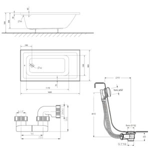 Aurum 160x80 cm baignoire rectangulaire en acrylique, gauche et droite, avec pieds + vidage + siphon, blanc (SATVAUR16080-SET)