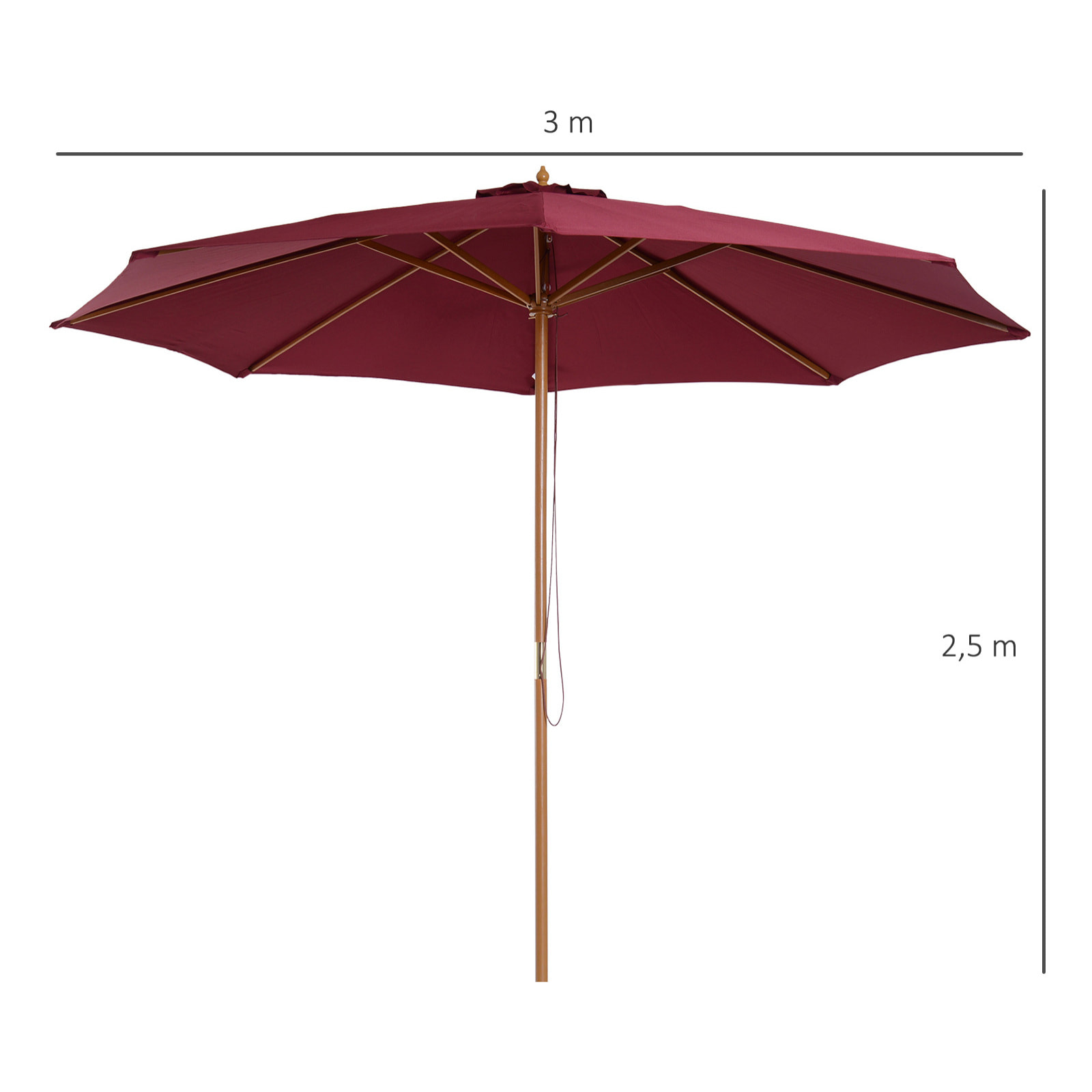 Outsunny Parasol droit en bois polyester haute densité protection solaire Ø 3 x 2,5 m rouge