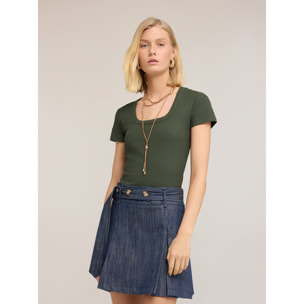 Motivi - T-shirt in jersey a coste con cut-out - Verde militare