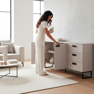 Madia con 2 Ante 3 Cassetti E Ripiani Interni Mobile Soggiorno Moderno In Melaminico Con Maniglie E Piedini Neri 184 x 86 x 40 Cm Cashmere