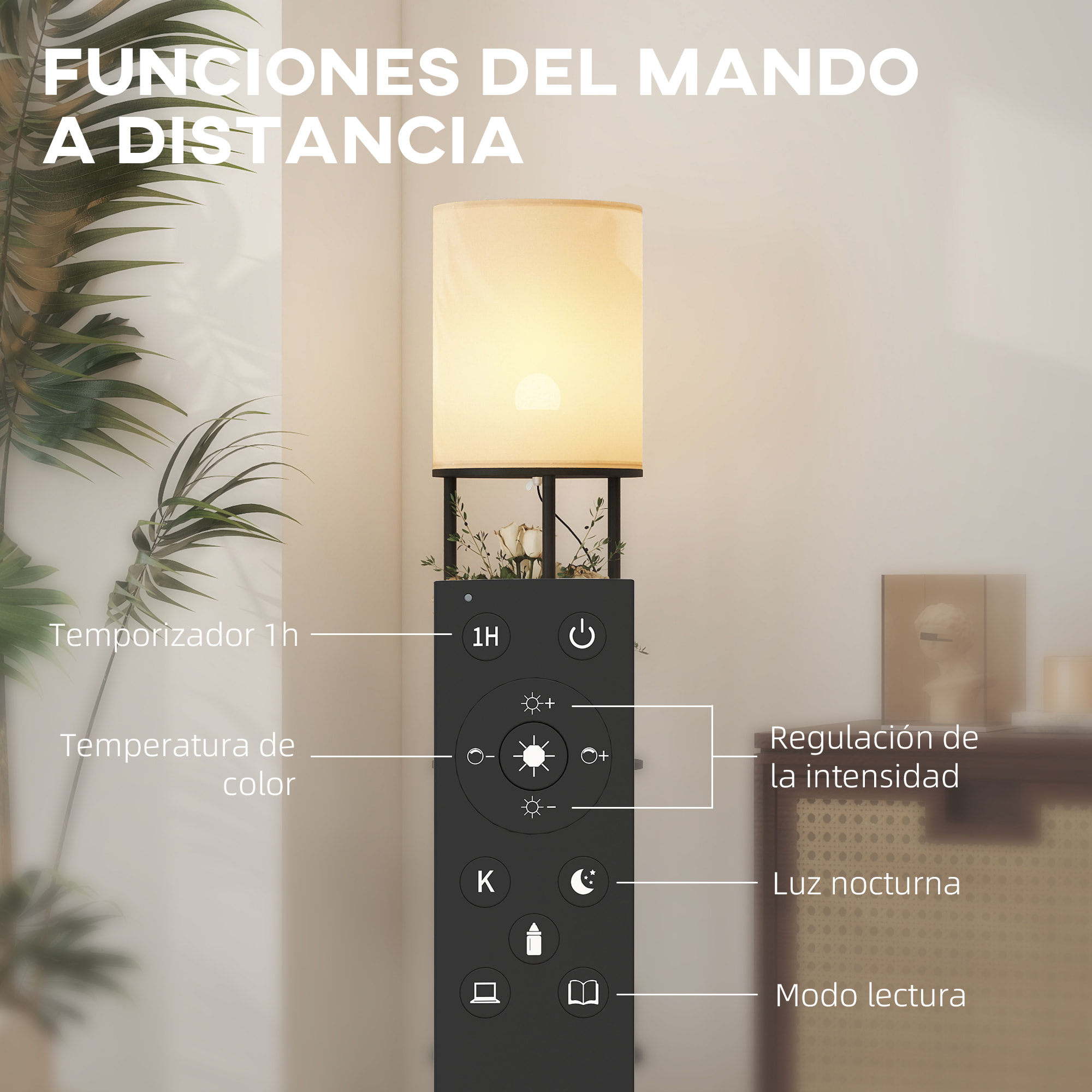 Lámpara de Pie con Estantes, Lámpara con 3 Temperaturas de Color, Control Remoto, para Salón, Dormitorio, Oficina, Negro