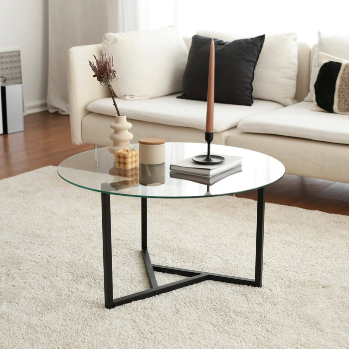 Tavolino da salotto Esperia, Tavolo basso da caffè, Portariviste per divano, Ripiano da soggiorno, 75x75h42 cm, Nero e Trasparente