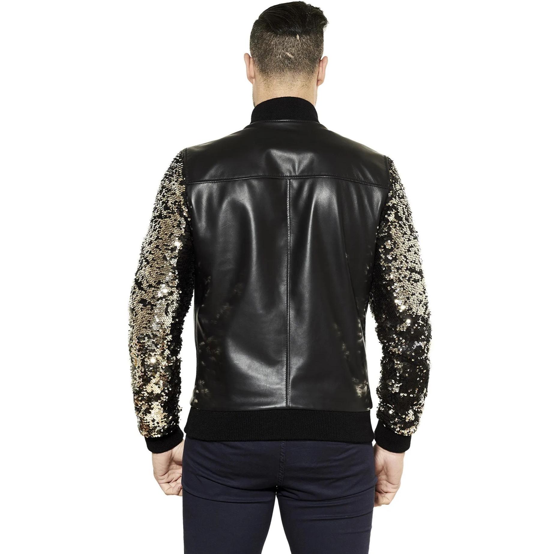 Giubbotto Bomber in pelle nera maniche paillettes