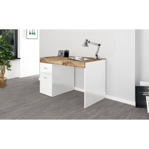 Scrivania per ufficio con cassettiera e piano contenitore, Made in Italy, Tavolo da computer, Scrittoio porta PC, cm 100x60h75, colore Bianco lucido e Acero