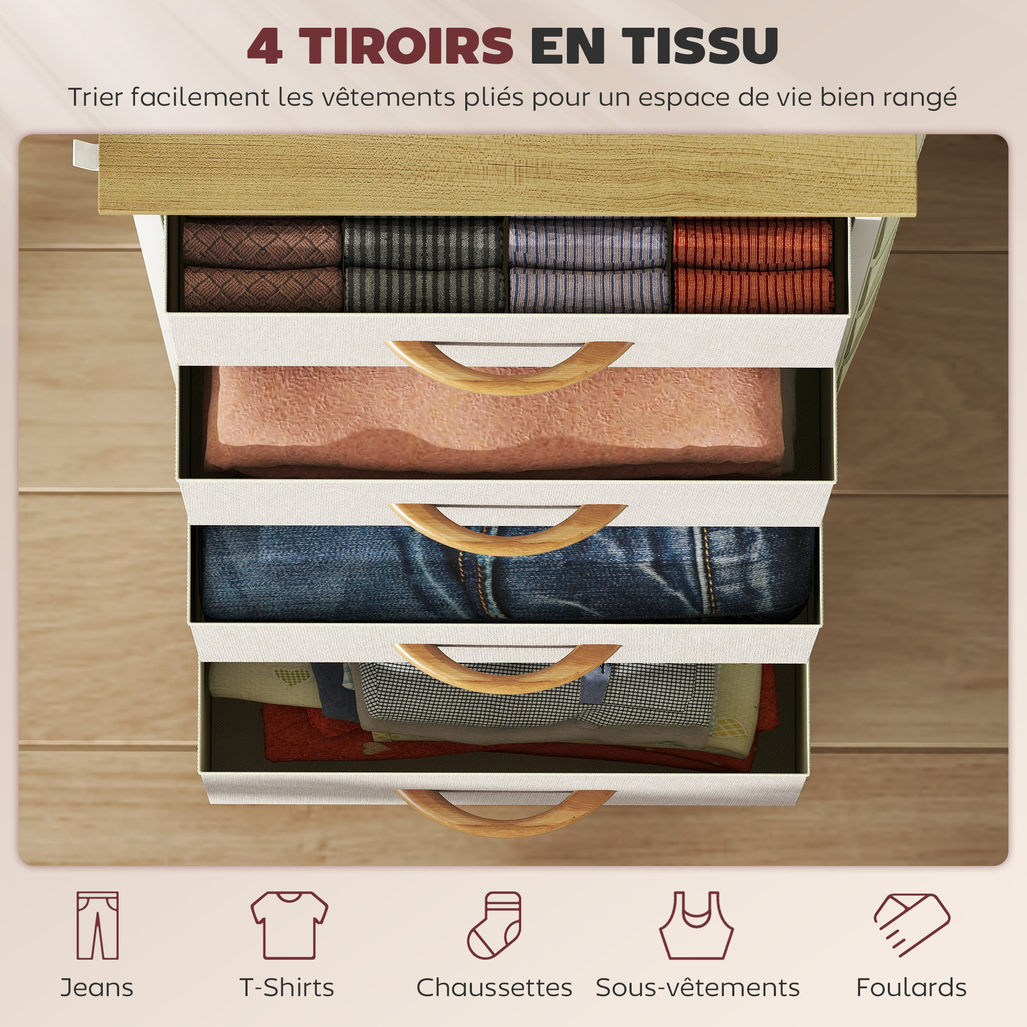 Commode chiffonnier 4 tiroirs en tissu beige 4 poches 2 crochets acier blanc effet bois