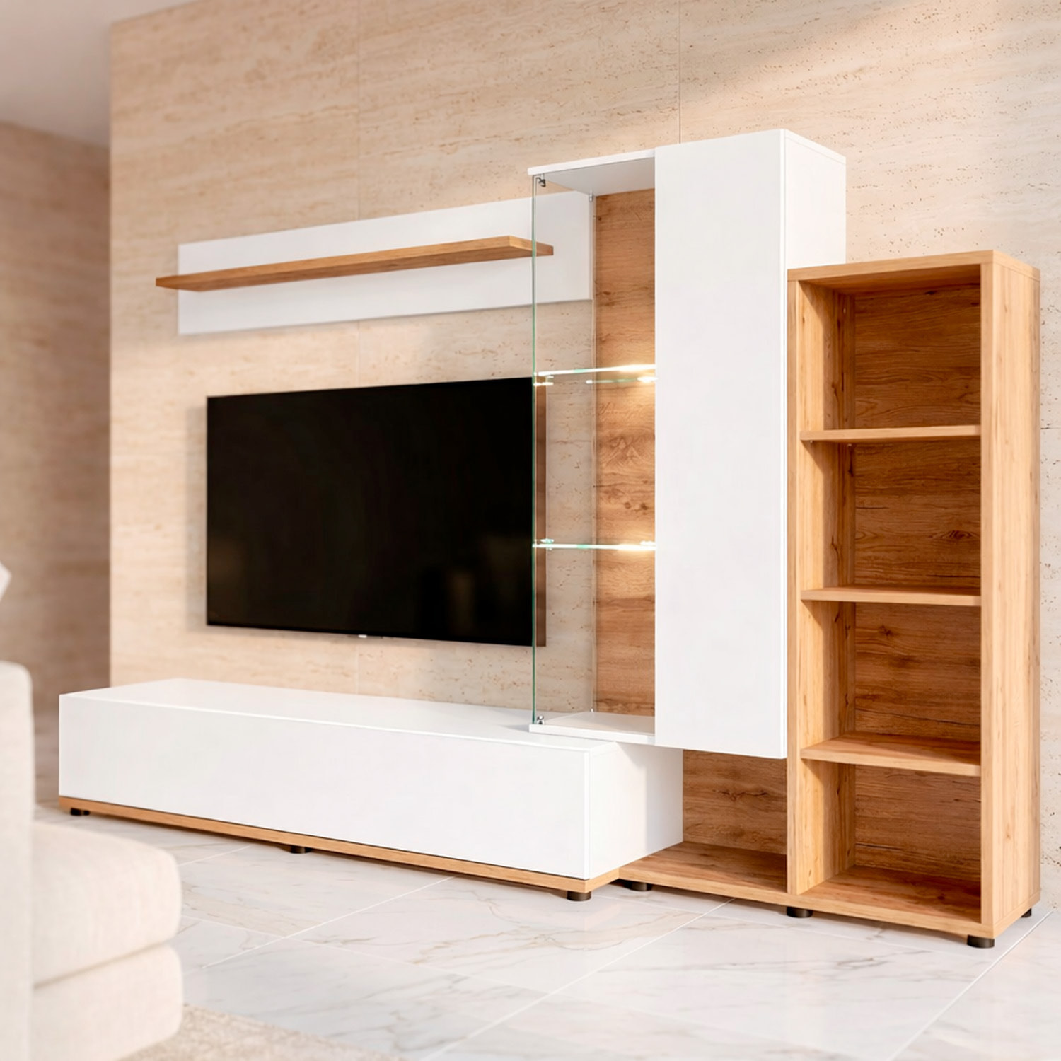 Parete Attrezzata Mobile TV Vetrina LED Living Mensola Vani Multifunzione Design Contemporaneo Arredo Casa 240 x 40 x 145 Cm Bianco Rovere E Scuro