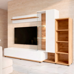 Parete Attrezzata Mobile TV Vetrina LED Living Mensola Vani Multifunzione Design Contemporaneo Arredo Casa 240 x 40 x 145 Cm Bianco Rovere E Scuro