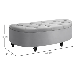 Pouf de rangement coffre 2 en 1 - pouf design classique chic capitonné demi-cercle - pieds bois hévéa noir revêtement velours gris