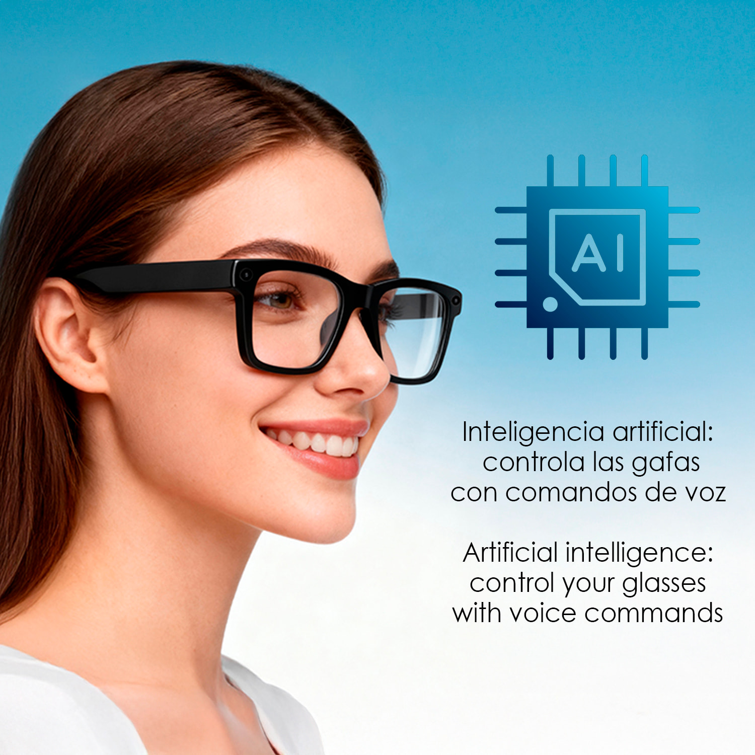Gafas inteligentes HY15 con cámara de 12 MP para fotos y video de 2.5k. Traductor en tiempo real con asistente de voz inteligente y acceso a ChatGPT vía app. Control de música y llamadas.