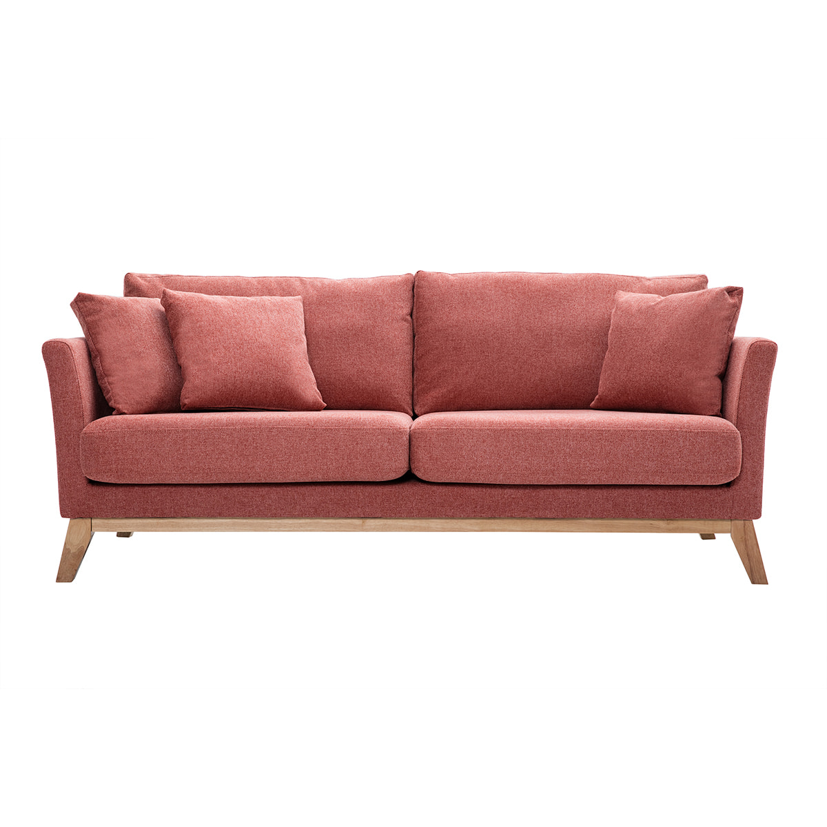 Canapé scandinave déhoussable 3 places en tissu effet velours texturé terracotta et bois clair OSLO