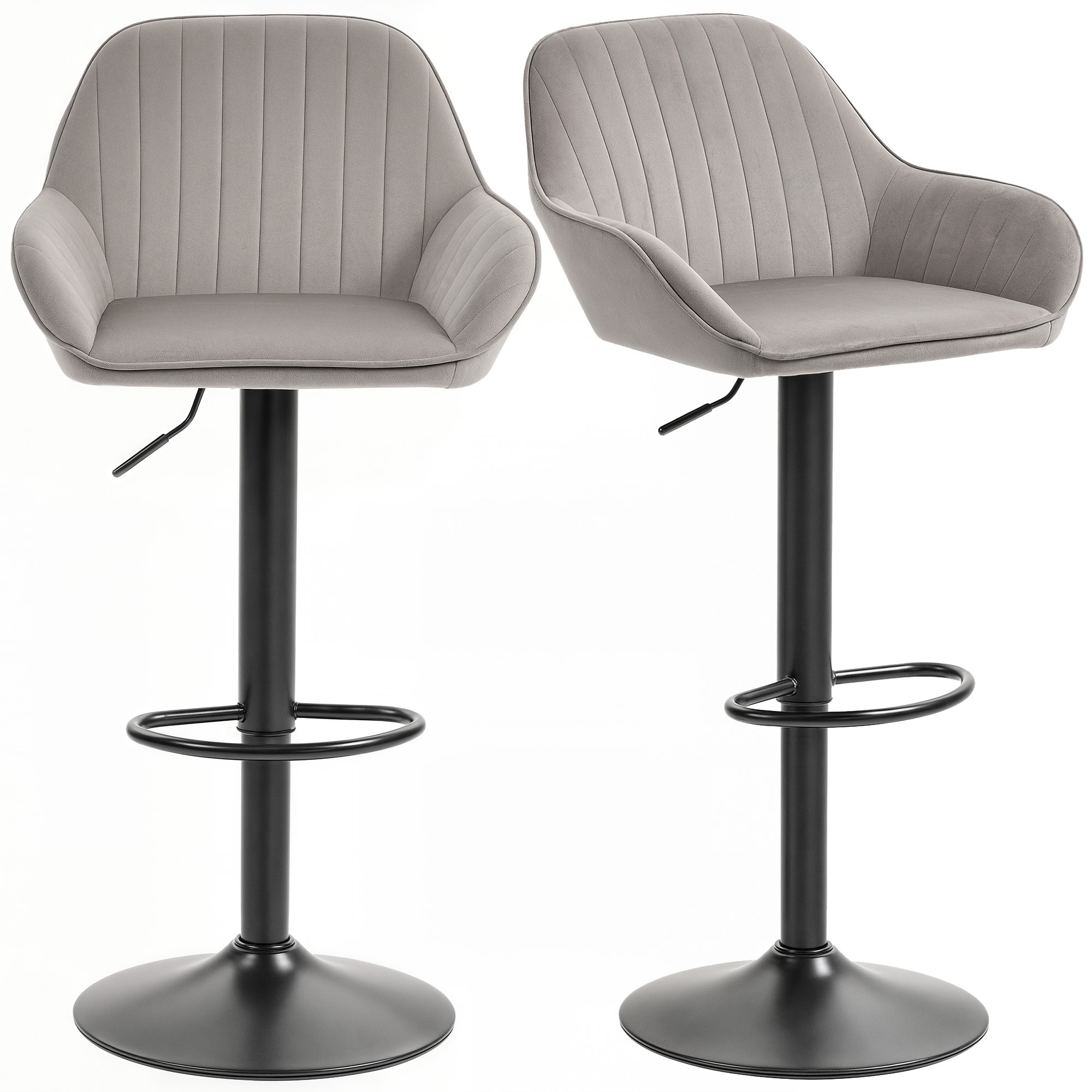 Juego de 2 Taburetes de Bar Giratorios, Taburetes Altos de Cocina con Altura Ajustable 62-83 cm, Sillas Altas de Cocina, Tapizada en Terciopelo, Respaldo y Reposapiés, Gris