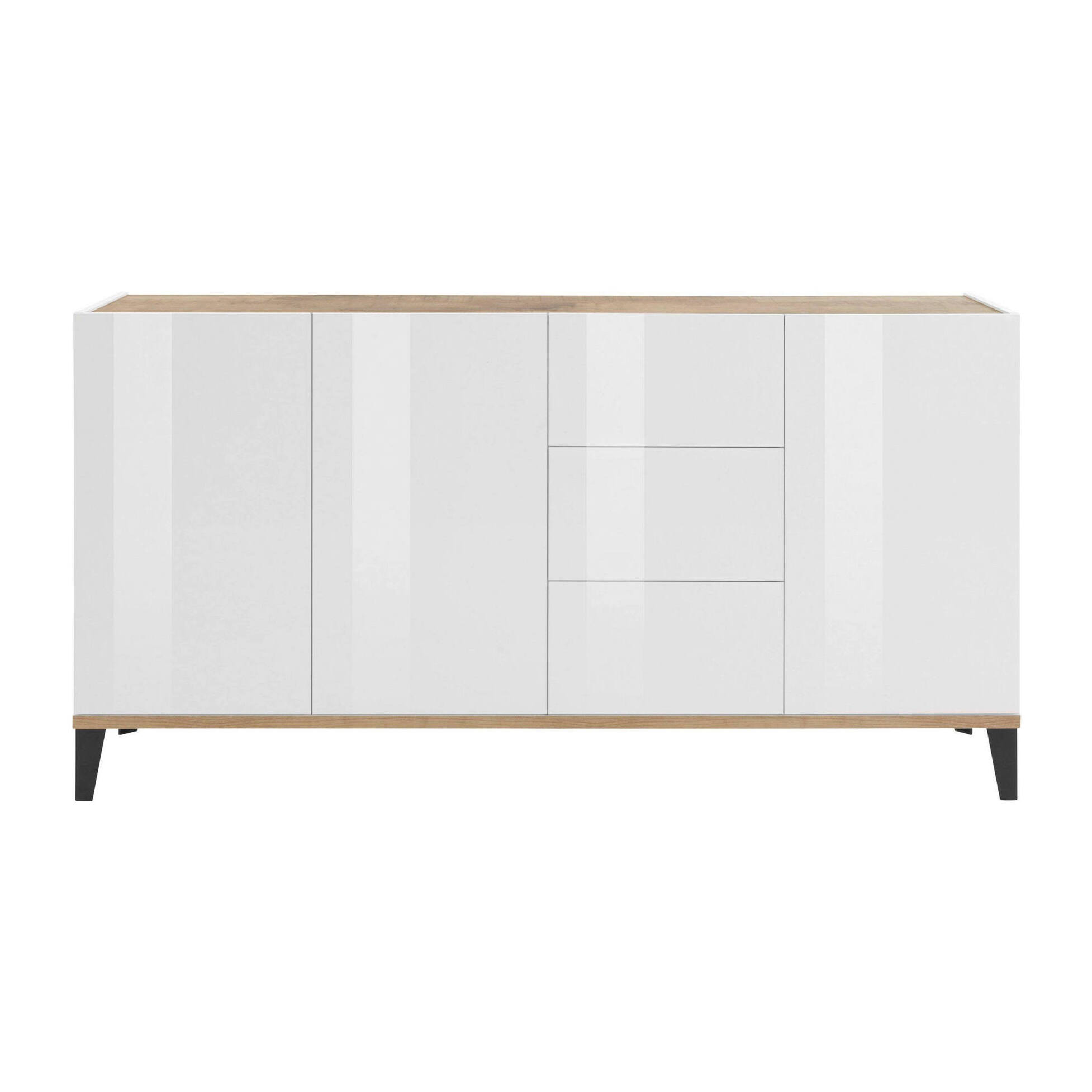 Credenza moderna a 3 ante e 3 cassetti, Made in Italy, Madia da cucina rialzata, Buffet di design da soggiorno, Cm 160x40h82, Bianco lucido e Acero