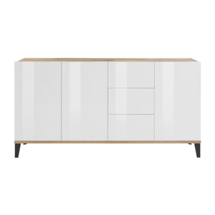 Credenza moderna a 3 ante e 3 cassetti, Made in Italy, Madia da cucina rialzata, Buffet di design da soggiorno, Cm 160x40h82, Bianco lucido e Acero