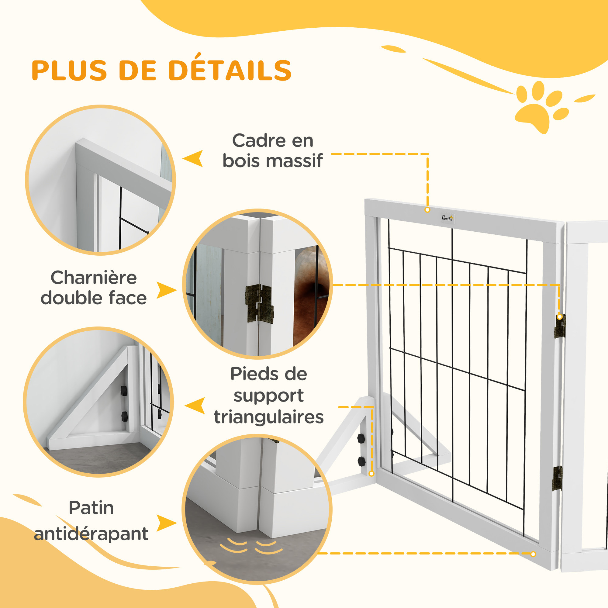 Barrière de sécurité pour animaux autoportante - barrière modulable pliable 4 panneaux - 2 pieds support - acier noir bois blanc