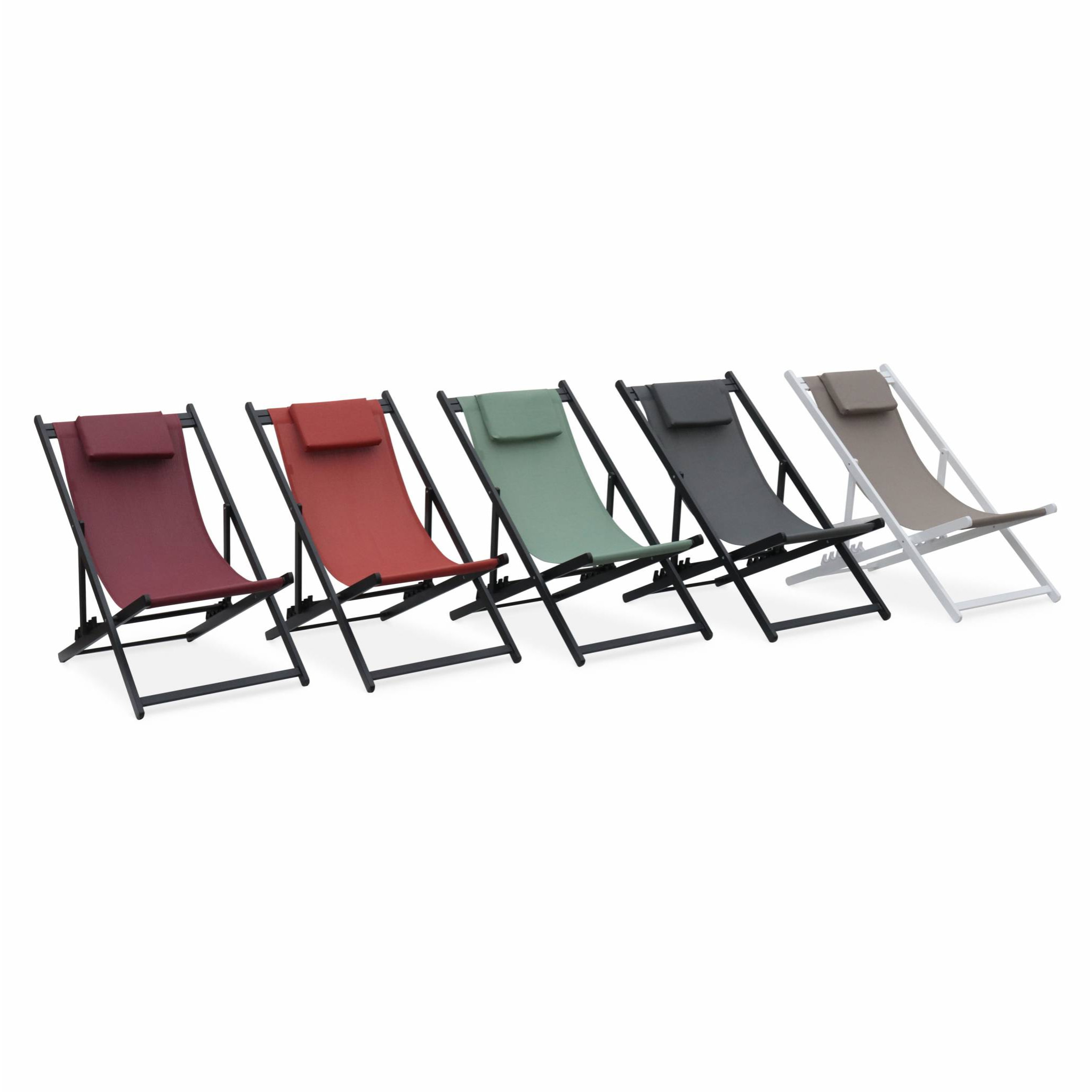 Lot de 2 bains de soleil - Gaia taupe - en aluminium blanc et textilene taupe avec coussin repose tête. chilienne