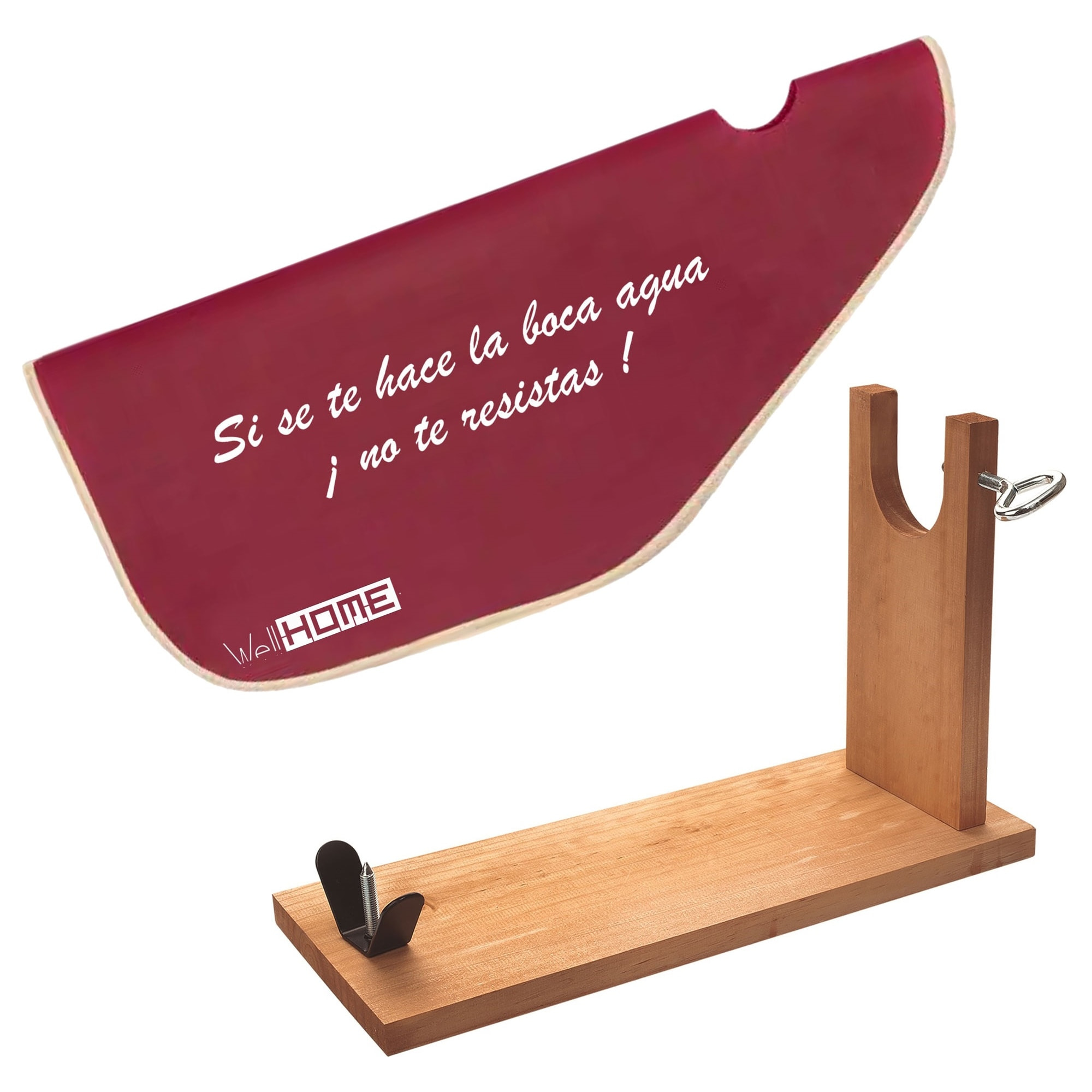 Well home jamonero de madera con herraje en v, pincho y ficjación pezuña + funda para jamón 'tiberic' burdeos