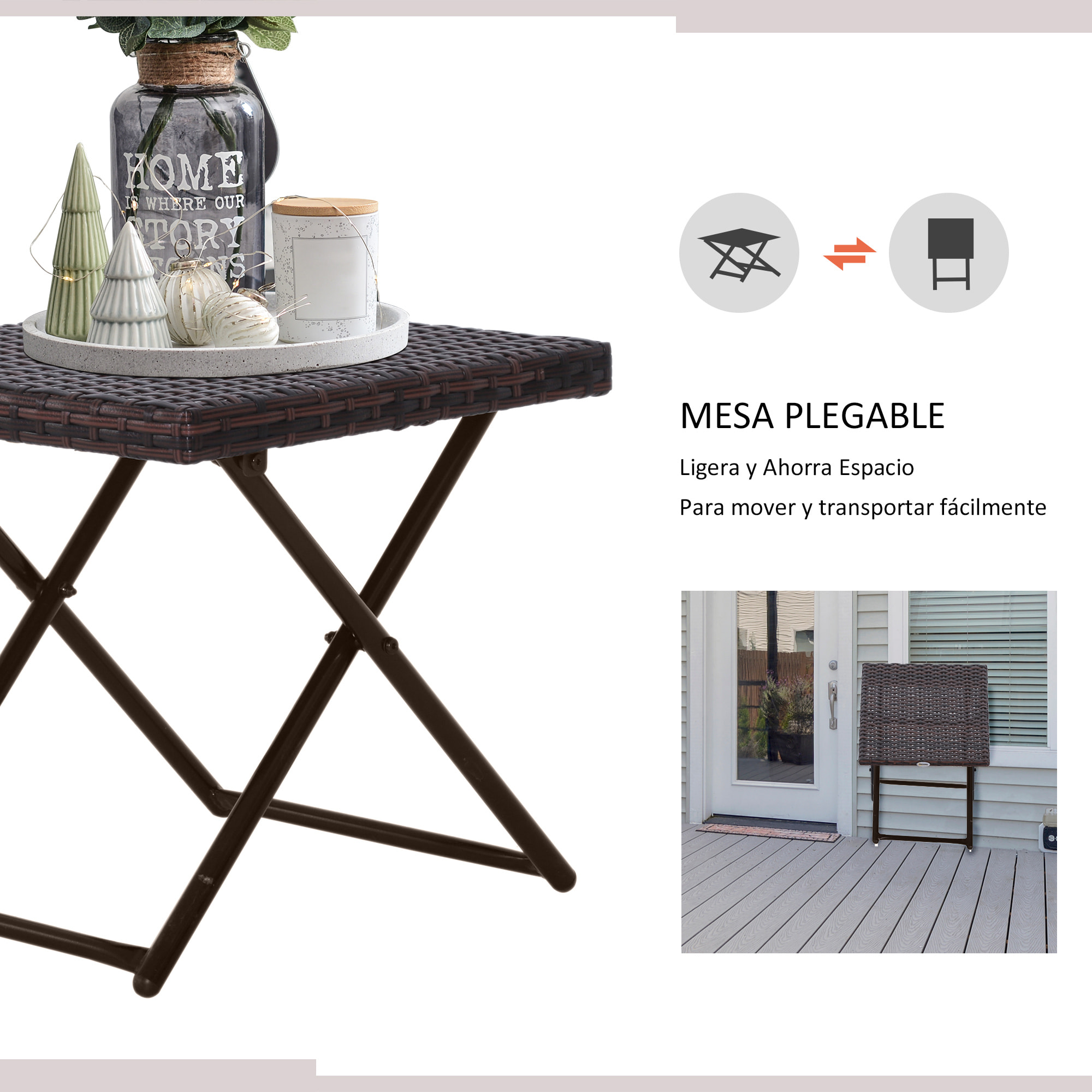 Mesa Plegable para Jardín Terraza Patio Ratán y Acero con Patas Cruzadas Marrón