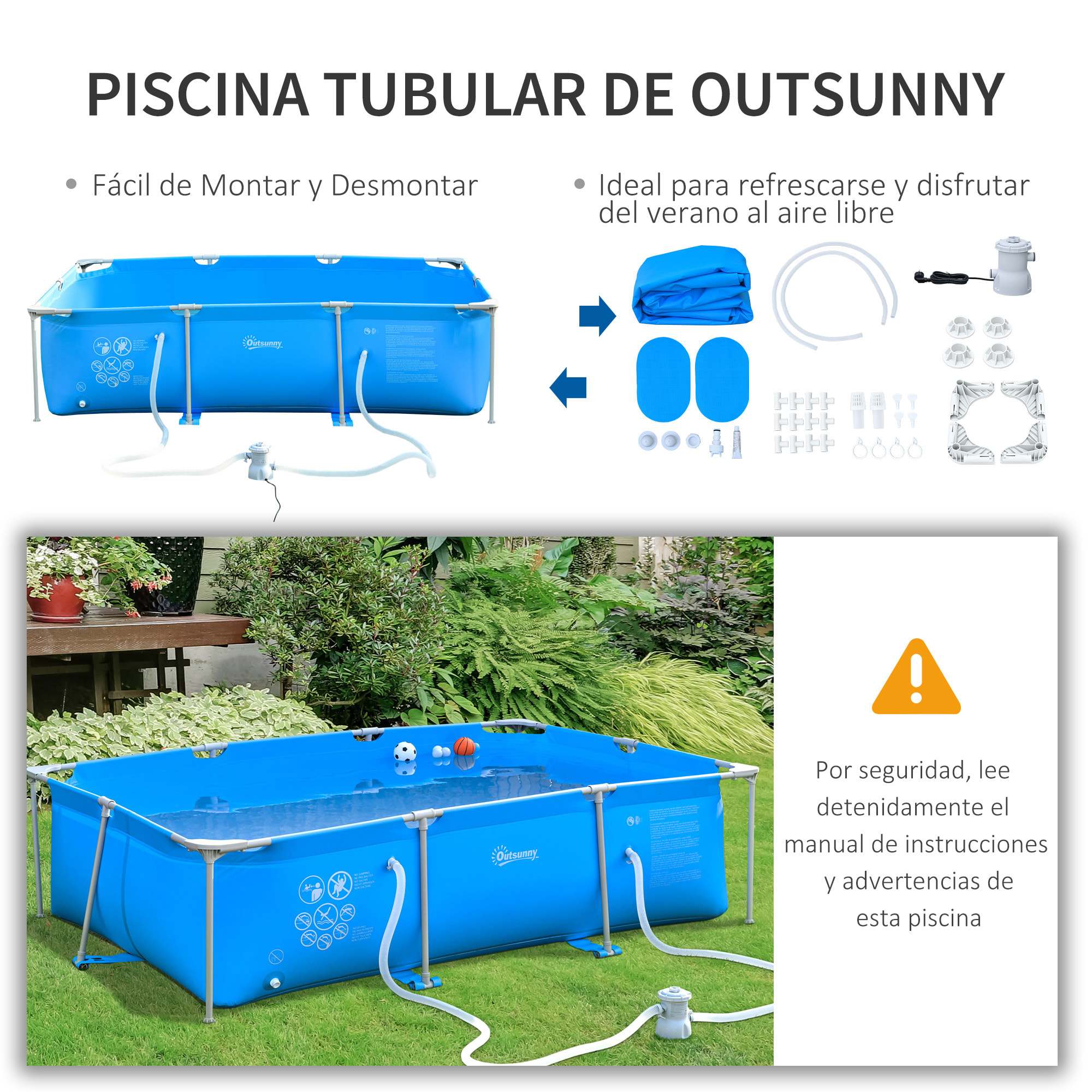 Piscina Desmontable 3600L Rectangular con Depuradora Cartucho 291x190x75 cm Azul