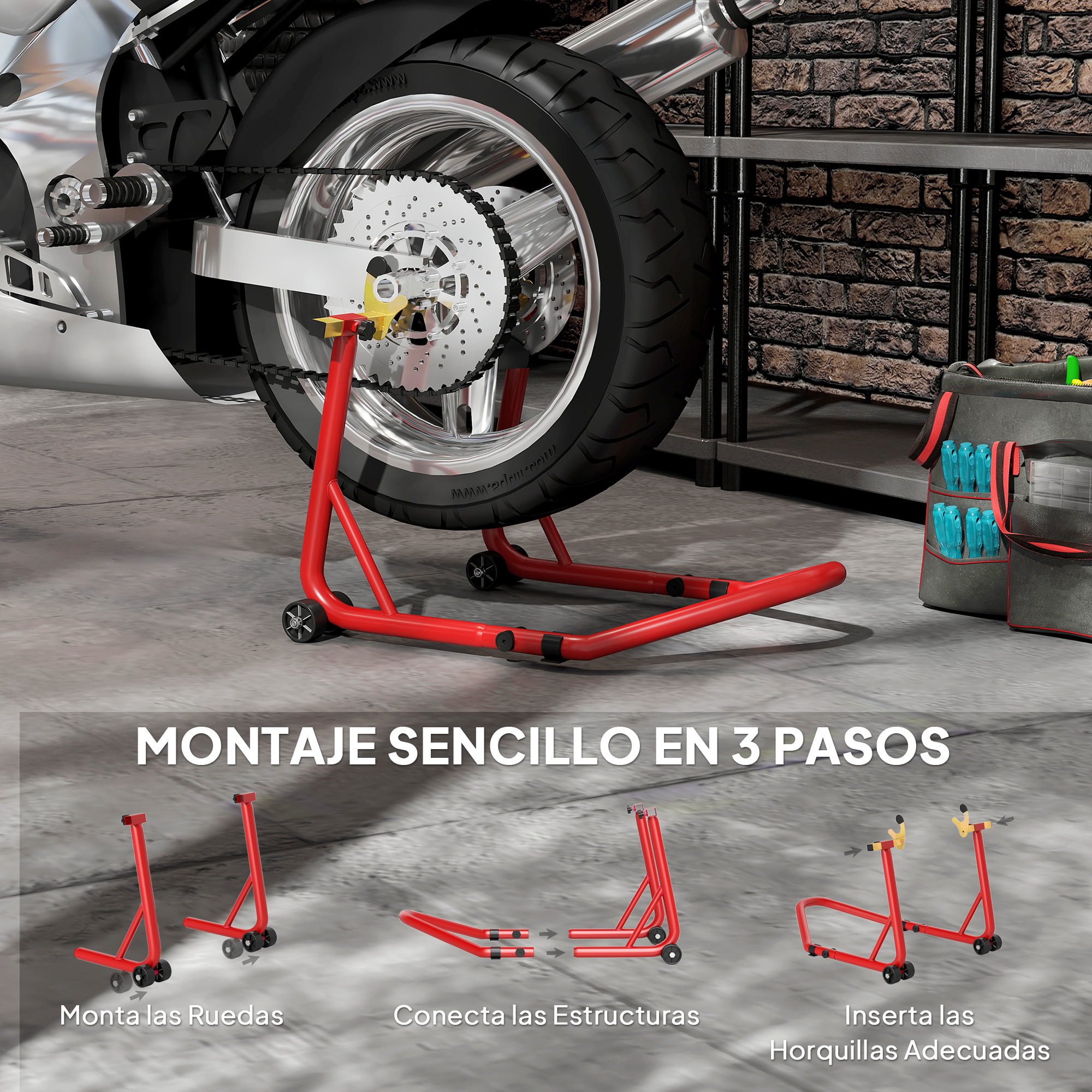 Caballete Elevador Universal Carga 544 kg Soporte Rueda Trasera Moto de Acero Robusta con Horquillas en U y L Ajustables Ruedas y Almohadillas Antideslizantes para Reparación y Estacionamiento