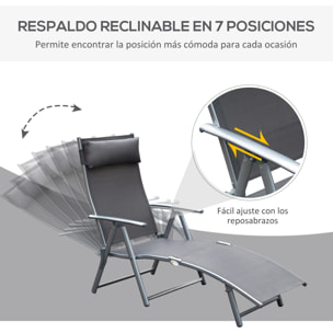 Tumbona Plegable Tumbona de Jardín con Respaldo Ajustable en 7 Niveles Almohada y Reposabrazos Carga 165 kg para Piscina Terraza Camping 137x63,5x100,5 cm Gris