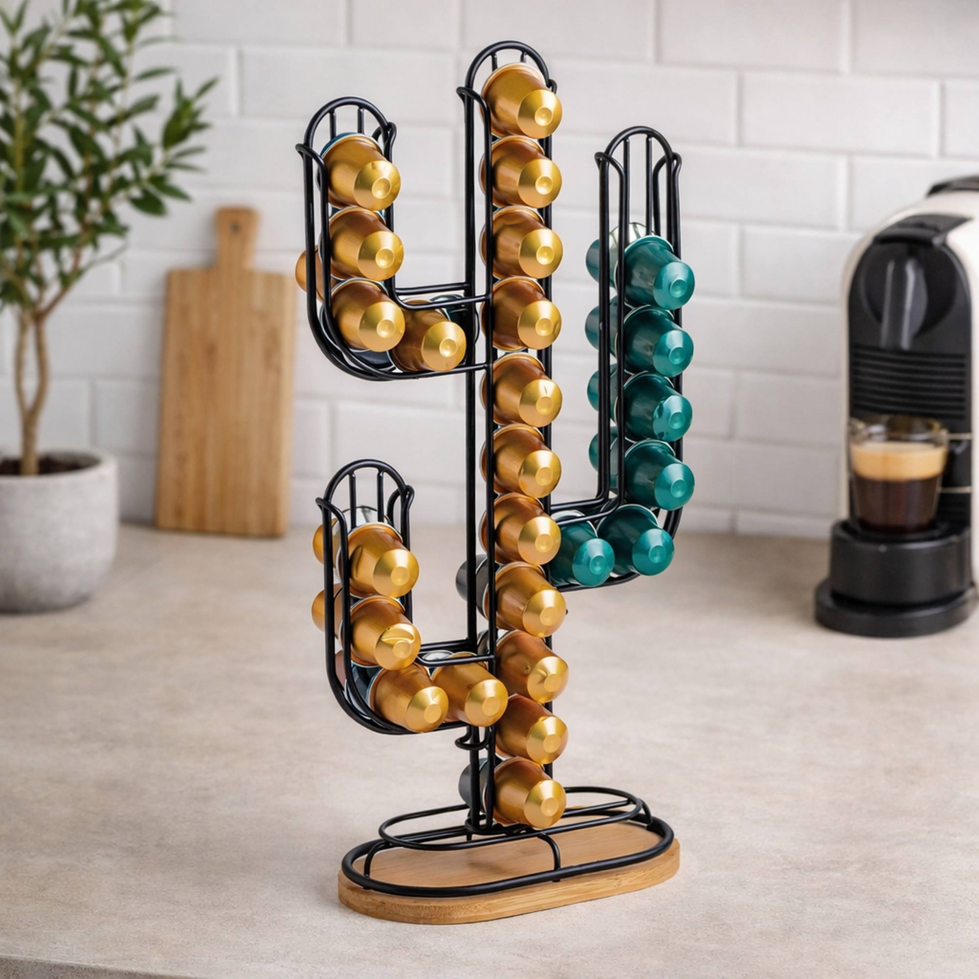 Soporte para cápsulas nespresso para 50 uds - En metal y bambú de color negro con diseño de cactus
