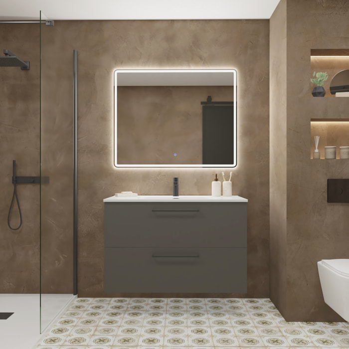 Meuble de Salle de Bain Vex | 100 cm Gris | Deux Tiroirs | Évier Encastré | Miroir non inclus | Meubles Assemblés | Alday