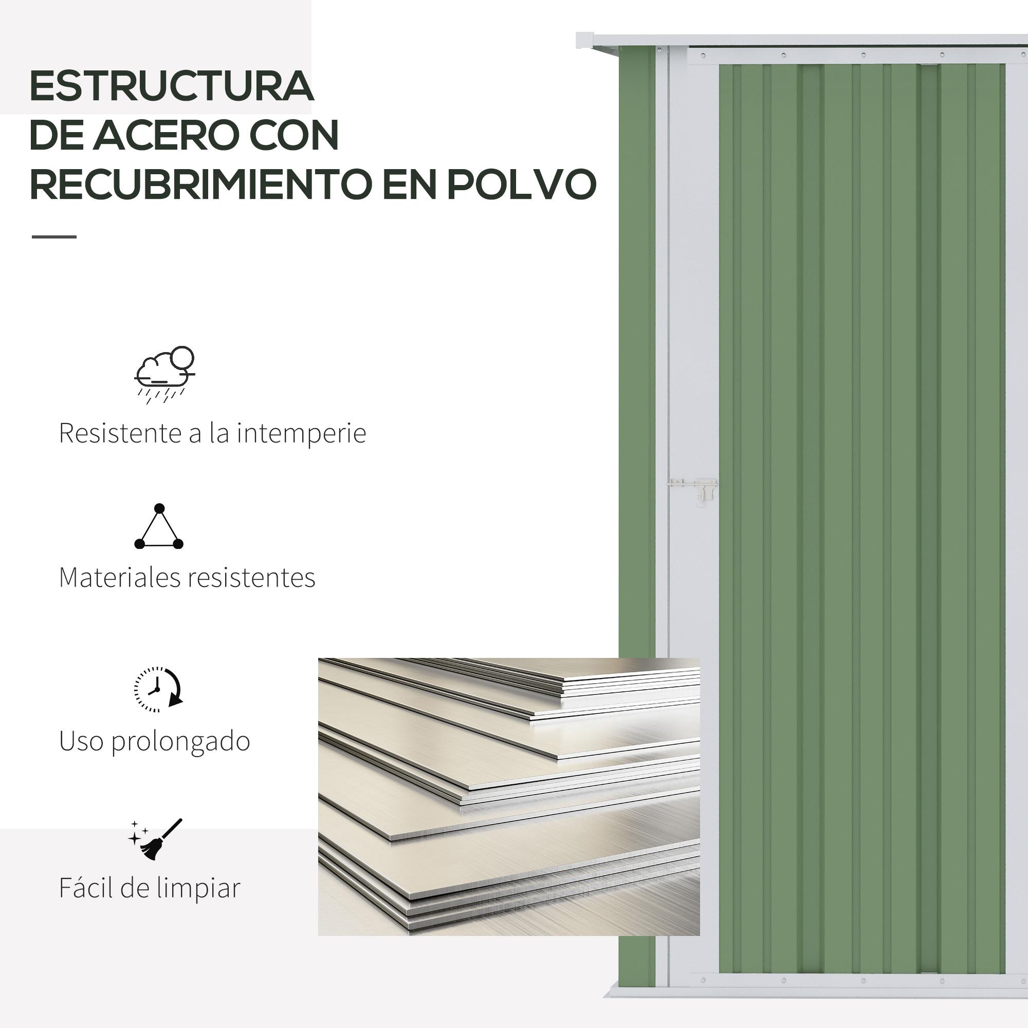 Cobertizo de Acero 1,07㎡ 142x84x189 cm Tipo Caseta de Jardín Galvanizado Almacén para Herramientas con Techo Inclinado y Una Puerta para Terraza Exterior Verde Claro