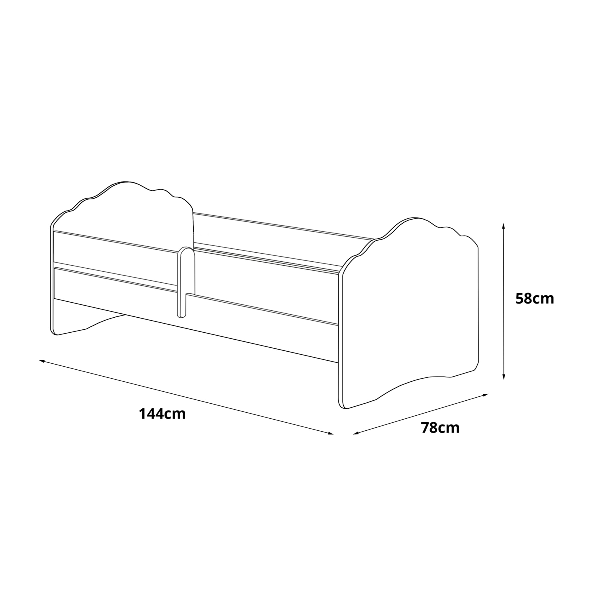 Letto singolo per bambini, Lettino per cameretta, Letto con protezione anticaduta e testiera a "nuvola", cm 144x78h58, colore Bianco