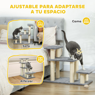 Escalera para Mascotas Ajustable de 3/4 Peldaños, Escalera para Gatos con Postes Rascadores, Bola Colgante, para Cama, Sofá, Alféizares, Gris