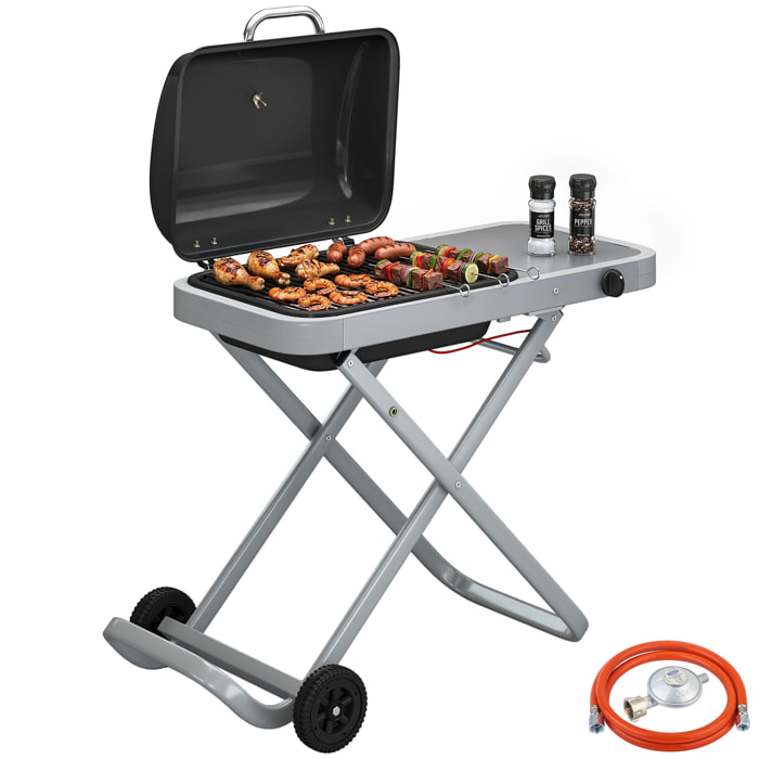 Outsunny Barbacoa de Gas Plegable, BBQ Gas con Quemador 2,5 kW, Barbacoa Portátil con Termómetro, Mesa Lateral, Parrilla de Hierro Fundido, Recogedor Grasa y 2 Ruedas para Jardín, Camping, Negro