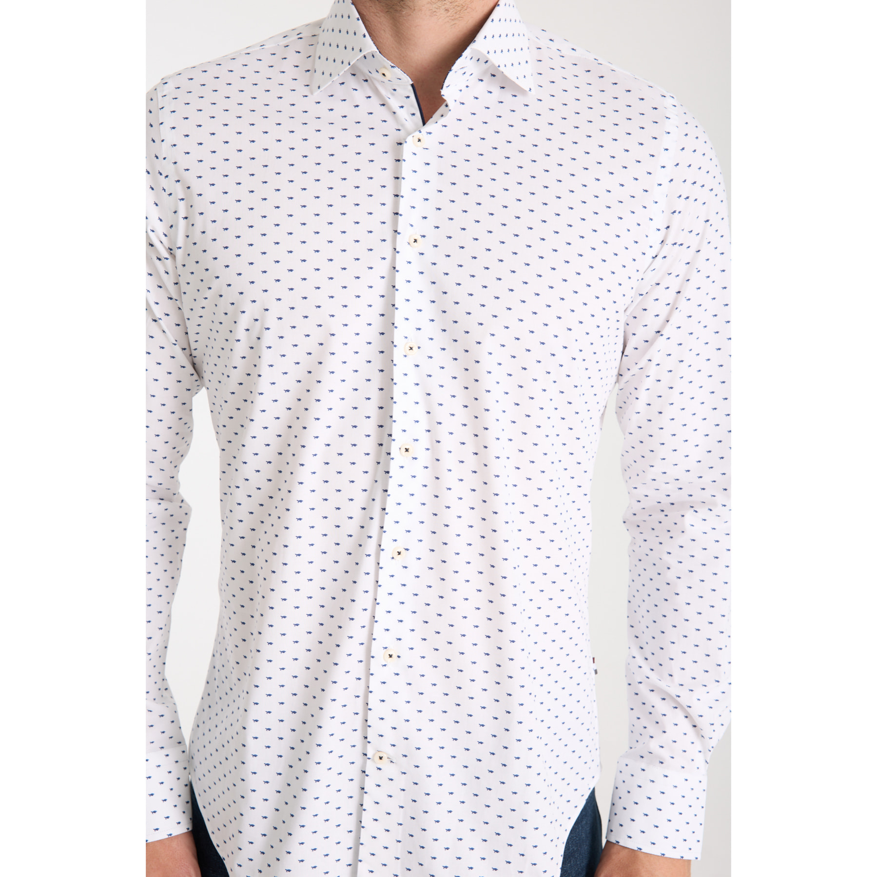 Camicia Uomo 1 Bottone Francese Slim Popeline Stretch Stampato Bianco e Blu