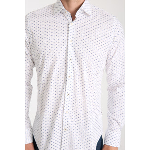 Camicia Uomo 1 Bottone Francese Slim Popeline Stretch Stampato Bianco e Blu