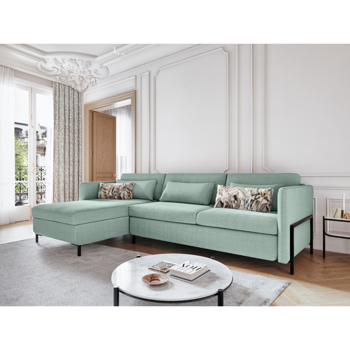 Canapé d'angle gauche convertible avec coffre de rangement "Yanis" 4 places en tissu structurel menthe