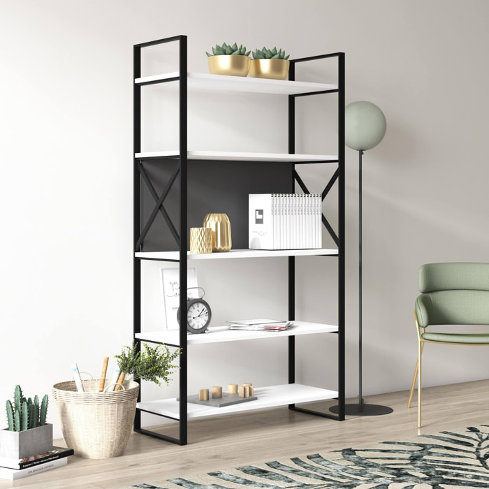 Libreria con cinque ripiani sviluppata in altezza, cm 86 x 35 x 160, colore bianco e antracite