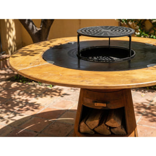 Barbecue rond avec plaque de cuisson et de gril en acier et planche en bois