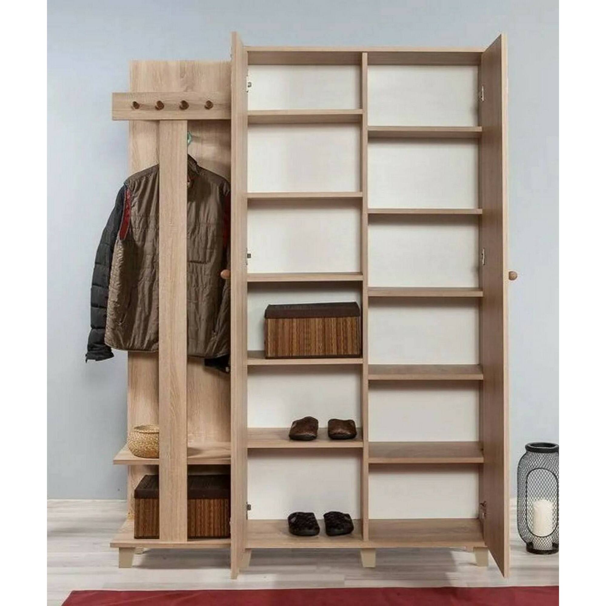Mobile da ingresso Liana, Entratina appendiabiti, Composizione per atrio, Consolle portaoggetti multifunzione, 135x36h194 cm, Quercia