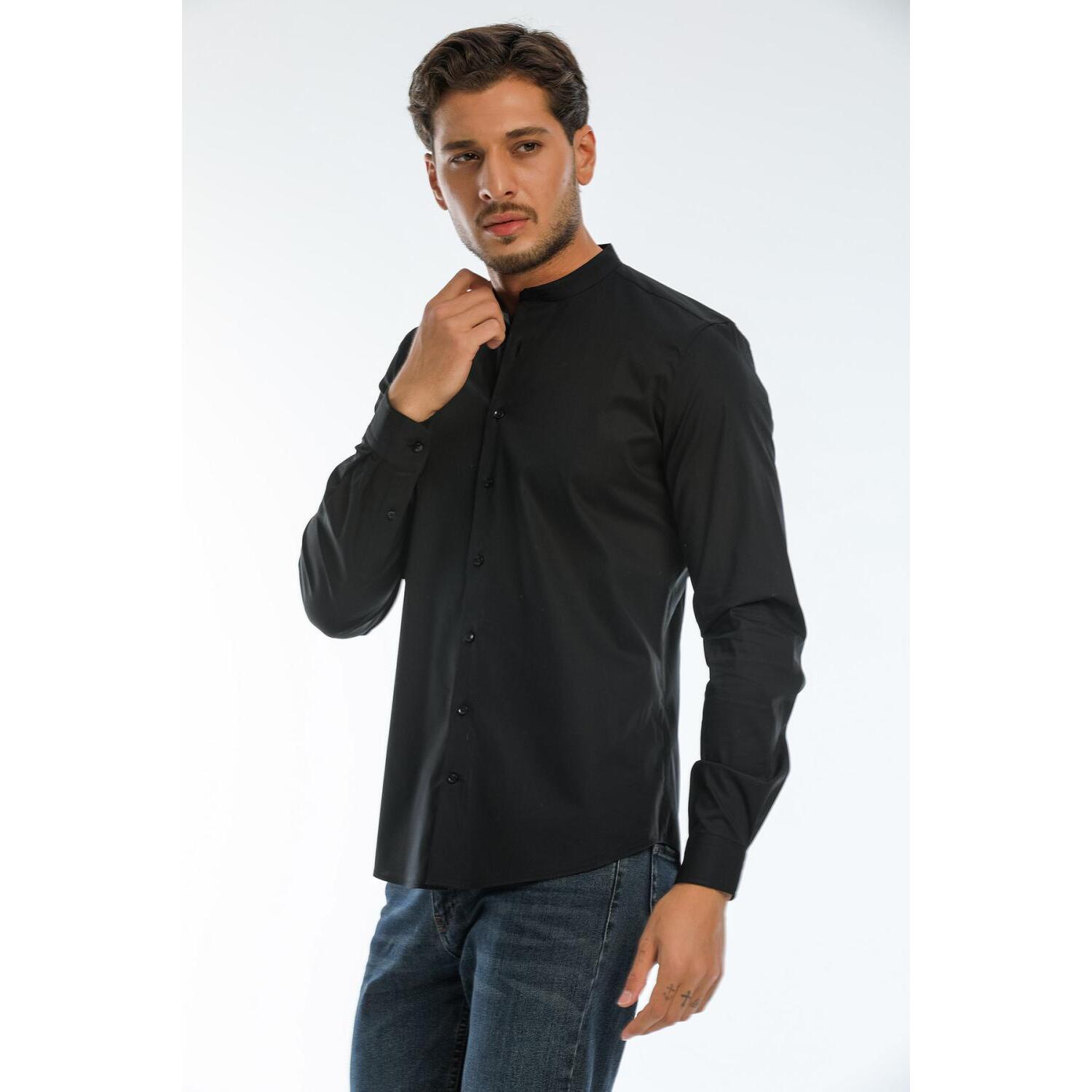 Camicia Uomo Coreano Slim Popeline Stretch Unito Nero