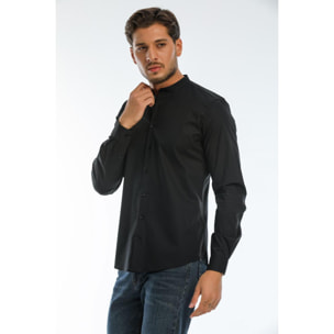 Camicia Uomo Coreano Slim Popeline Stretch Unito Nero