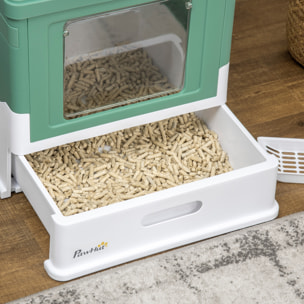 PawHut Caja de Arena Plegable para Gatos Arenero Cerrado para Gatos con Cubierta Desmontable Bandeja Extraíble Techo Abatible Puerta de Entrada y Pala 47,5x35,5x36,7 cm Verde