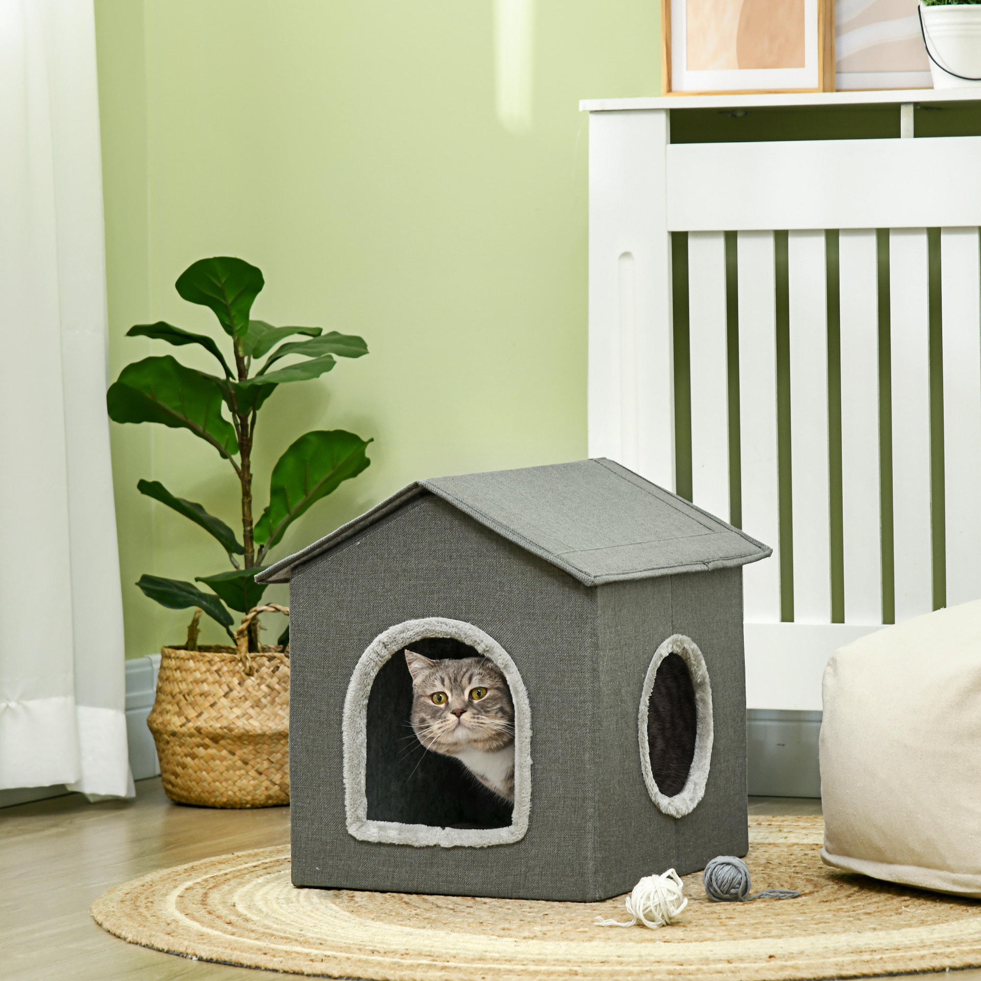 Casa para Gatos Cama para Gatos Cueva para Gatos con 2 Puertas y Cojín Lavable 39x43,5x40,5 cm Gris