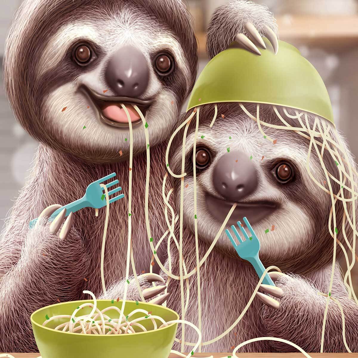 Affiche enfant jeune paresseux et spaghetti  Affiche sous cadre noir