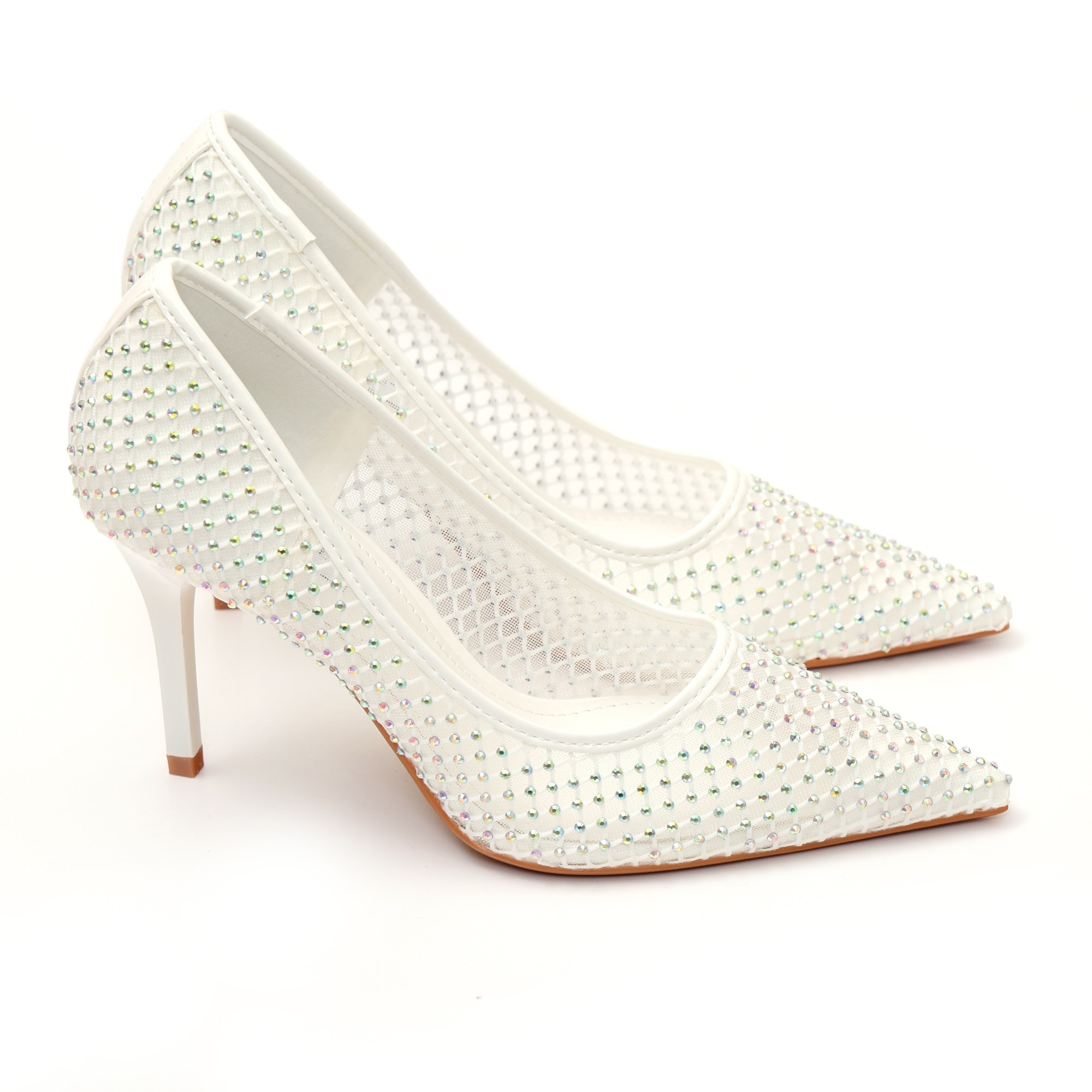 Dècolletè pumps in simil pelle con tomaia bucherellata ricoperta di strass