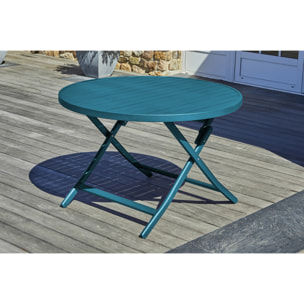 MARIUS - Table de jardin ronde pliante en aluminium bleu canard