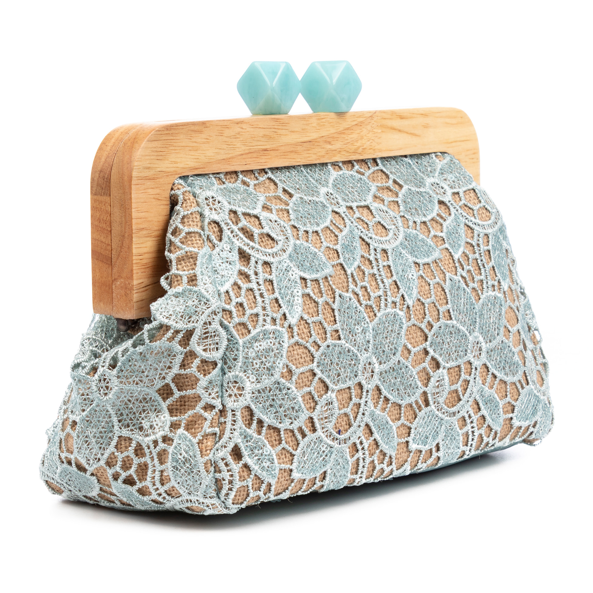 Borbera Borsa a tracolla Donna. Realizzata in legno naturale, cotone e juta con design in rete di tessuto floreale.