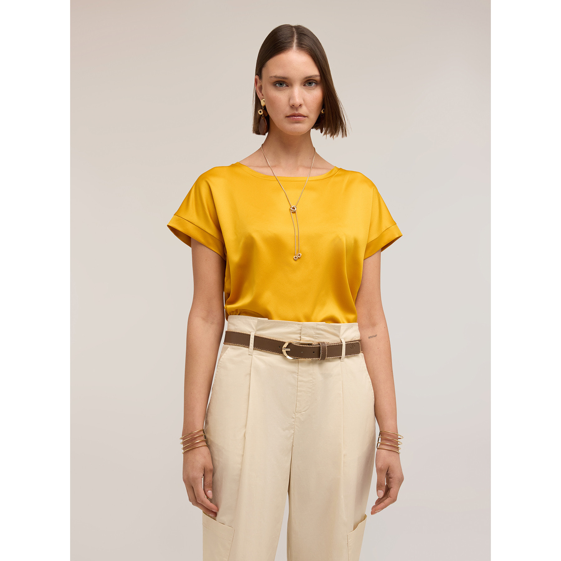 Motivi - Camiseta bimaterial mezcla de algodón - Amarillo