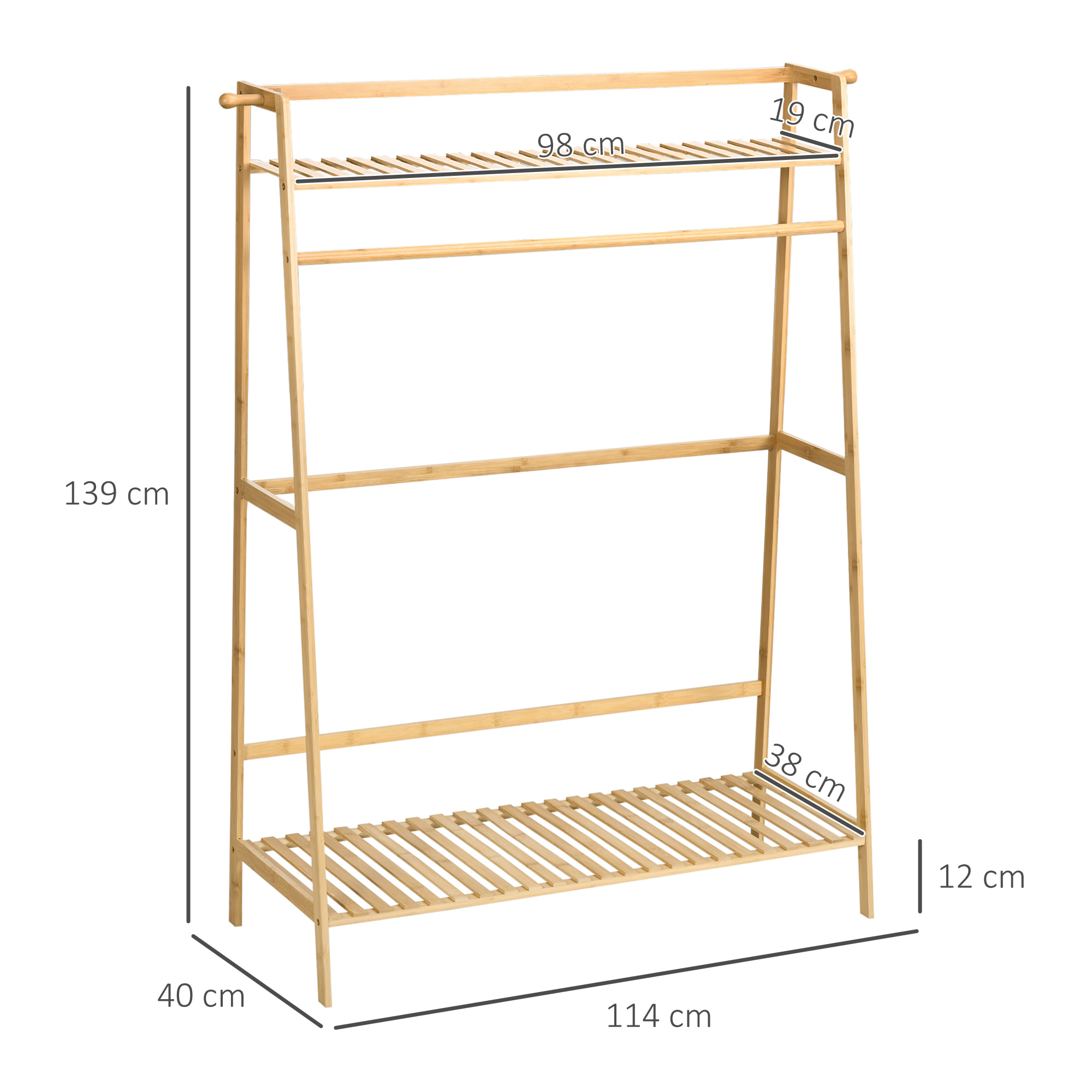 Portant à vêtements penderie - 2 étagères, 2 patères, barre de suspension - bambou verni