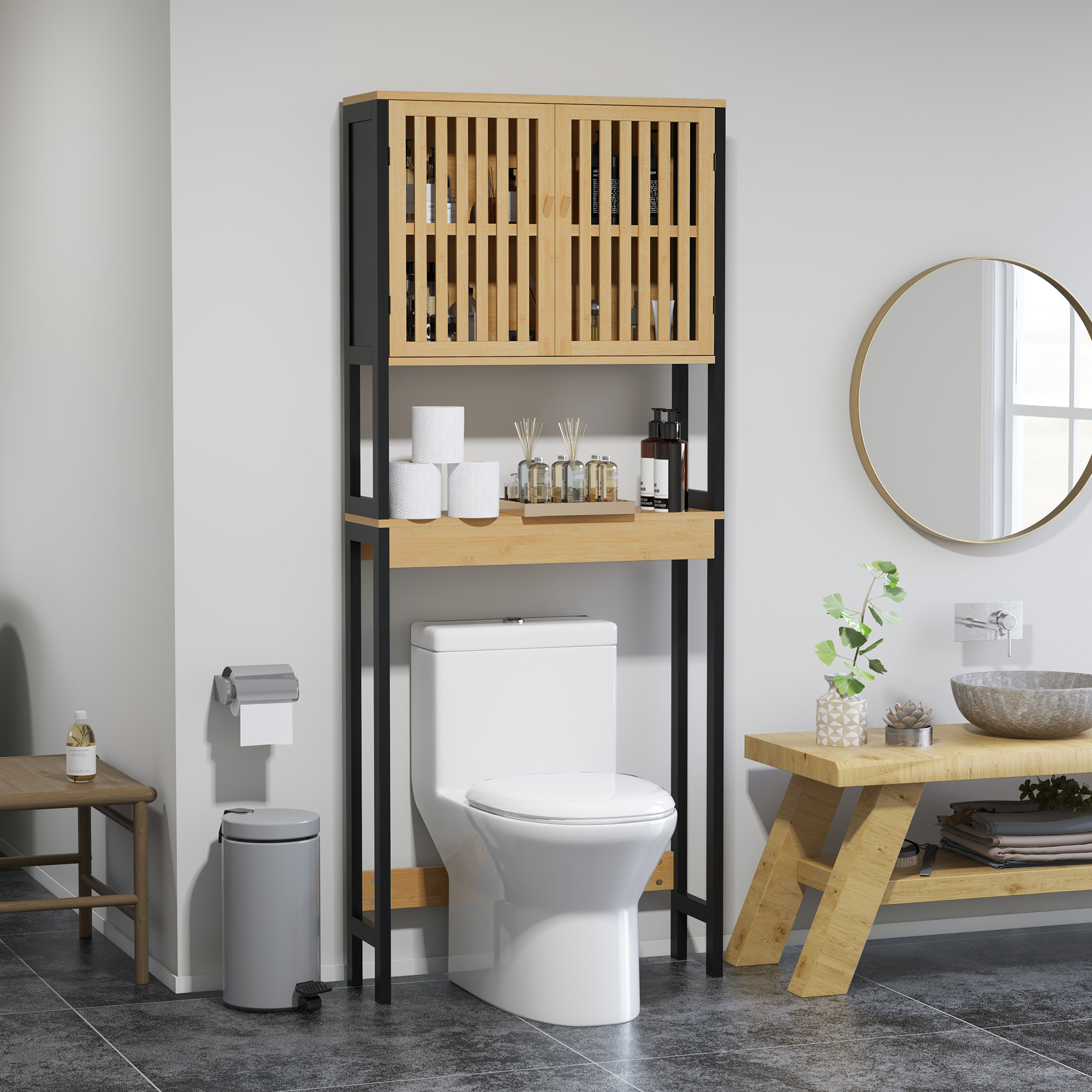 Meuble étagère dessus WC - 2 portes, 2 étagères - MDF noir bois bambou verni