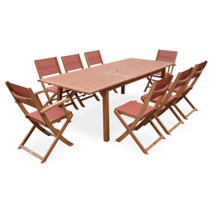 Table de jardin extensible bois d'eucalyptus + 8 assises en bois d'Eucalyptus huilé et textilène terracotta