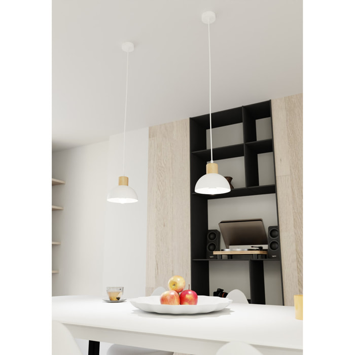 Lampada a sospensione Seco in acciaio bianco e legno